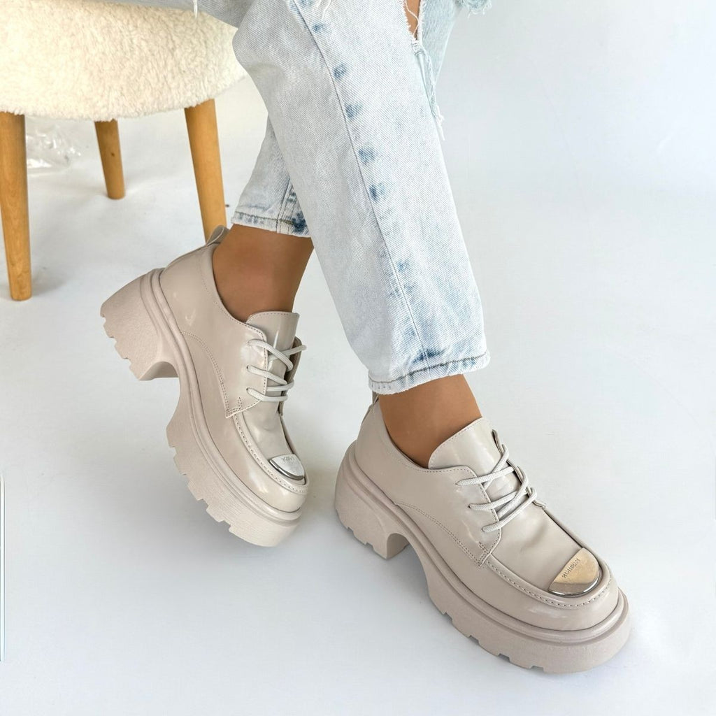 Kiya Bej Rugan Dolgu Topuk Oxford Ayakkabı